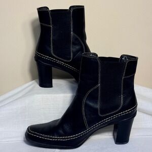 Aerosoles Goring Places Ankle Boots 8M Black Leather Contrast Stitch Block Heel